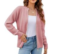 LIUYUYOUGO Waffle Knit Cardigan Women Soft Cosy Chenille Warm Pullover Tops Crewneck Zip Up Knit Bomber Jacket Cardigan Sweatshirt Fall Winter Long Sleeve Sweater Coats Pink M