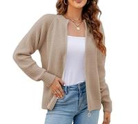 LIUYUYOUGO Waffle Knit Cardigan Women Soft Cosy Chenille Warm Pullover Tops Crewneck Zip Up Knit Bomber Jacket Cardigan Sweatshirt Fall Winter Long Sleeve Sweater Coats Khaki M