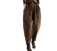 LIUYUYOUGO Wide Leg Corduroy Trousers Women Cotton Hippie Baggy Harem Pants Winter Thicken Fleece Lined Joggers Pant Vintage Splicing Pockets Thermal Casual Pants Bottoms Coffee M