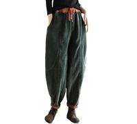 LIUYUYOUGO Wide Leg Corduroy Trousers Women Cotton Hippie Baggy Harem Pants Winter Thicken Fleece Lined Joggers Pant Vintage Splicing Pockets Thermal Casual Pants Bottoms Dark Green XL