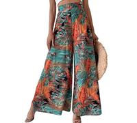 LIUYUYOUGO Wide Leg Pants Printed for Women Boho Tropical Plants Leaf Print Palazzo Trousers Summer Culottes Elastic Waist Flowy Flared Pants Bottoms Baggy Wear Beach Trousers Brick Red XL