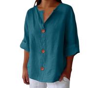 LIUYUYOUGO Women 3/4 Sleeve Linen Shirts Summer Tops Plus Size Casual Loose V Neck Button Down Tshirt Oversized Tees Elegant Dressy Muslin Blouse for Daily Office Work Teal 3XL