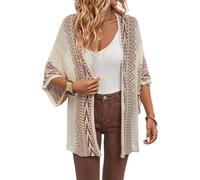 LIUYUYOUGO Women Boho Cardigan Aztec Open Front Loose Kimono Coat Oversized 3/4 Sleeve Vintage Tribal Knitted Jacket Apricot Bohemian Print Summer Long Lightweight Coverups M