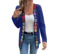 LIUYUYOUGO Women Crochet Sweater Cardigan Boho Multicolor Flower Granny Square Knit Outerwear Open Front Long Sleeve Sweater Top Vintage Mid-Length Knitwear Jackets Royal Blue XL