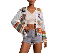 LIUYUYOUGO Women Flower Crochet Cardigan Handmade Hollowed Out Knitted Crop Cardigans Boho Square Floral Pattern Lightweight Coats Summer Flared Sleeves Shrugs Tops Cover Up White S