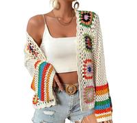 LIUYUYOUGO Women Flower Crochet Cardigan Handmade Hollowed Out Knitted Crop Cardigans Boho Square Floral Pattern Lightweight Coats Summer Flared Sleeves Shrugs Tops Cover Up Apricot L