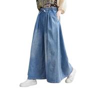 LIUYUYOUGO Women High Waist Baggy Denim Pants Blue Vintage Washed Palazzo Trousers with Drawstring Jeans Straight Wide Leg Trousers Bottoms Y2K Hippie Culottes Capri Pants XL