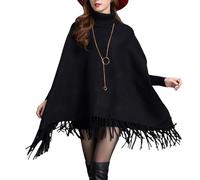 LIUYUYOUGO Women Knitted Shawls And Wraps With Sleeves Jumper Poncho Solid High Collar Knit Cape Wrap With Fringed Soft Faux Cashmere Poncho Coat Warm Knit Sweater Top Black