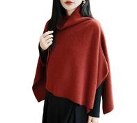 LIUYUYOUGO Women Ribbed Knit Poncho Merino Wool Asymmetric Cape Slouch Knitted Cloak Pullover Seamless Sweater Cashmere Feel Wrap Shawl For Winter Spring Autumn One Size Brick Red