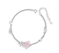 LIUYUYOUGO Women Sterling Silver Butterfly Bracelet Pink Sparkly Zircon Flower Charm Bangle Elegant Adjustable Link Layered Cuff Wristbands Friendship Birthday Jewelry Gift