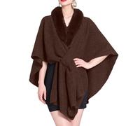LIUYUYOUGO Women Winter Faux Fur Shawl Stole Warm Wrap Cape Shrug With Fur Collar Knitted Poncho Elegant Open Front Knitted Cardigan Winter Woolen Coat Ruana Cloak Coffee