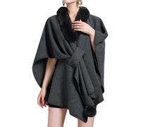 LIUYUYOUGO Women Winter Faux Fur Shawl Stole Warm Wrap Cape Shrug With Fur Collar Knitted Poncho Elegant Open Front Knitted Cardigan Winter Woolen Coat Ruana Cloak Dark Grey