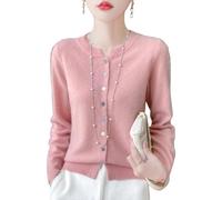 LIUYUYOUGO Women's 100% Merino Wool Cardigan Crewneck Long Sleeve Lightweight Knit Cardigans Sweater with Buttons Fall Winter Solid Color Soft Cashmere Knitwear Jumper Tops Pink L
