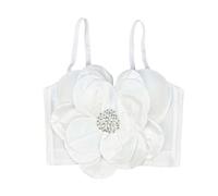 LIUYUYOUGO Women'S 3D Floral Bustier Crop Top Creativity Beading Push Up Boned Corset Tops Overbust Sexy Satin Big Flower Spaghetti Straps Camisole Wedding Party Bra Vest White L