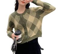 LIUYUYOUGO Womens Argyle Cardigan Sweater Vintage Crew Neck Button Down Knit Cardigan Preppy Style Cropped Cardigan Y2K Color Block Plaid Shrugs Knitwear Sweater Tops Outwear Green M