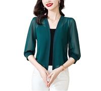 LIUYUYOUGO Women's Bolero Shrug Summer Chiffon Cropped Blazer Cardigan Tops Elegant Half Sleeve Lightweight Jacket Open Front Sheer Shrugs Shawl Coat Mothers Day Costumes Teal S