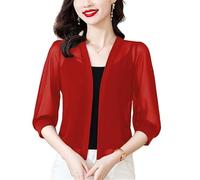 LIUYUYOUGO Women's Bolero Shrug Summer Chiffon Cropped Blazer Cardigan Tops Elegant Half Sleeve Lightweight Jacket Open Front Sheer Shrugs Shawl Coat Mothers Day Costumes Red XL