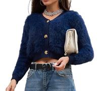 LIUYUYOUGO Womens Cardigans Fuzzy Knit Sweater Tops Open Front Button Cropped Cardigans Soft Warm Fluffy Fleece Knit Outerwear Y2K Shrug Cardigan Jumpers Autumn Sweater Coats Navy Blue M