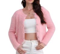 LIUYUYOUGO Womens Cardigans Fuzzy Knit Sweater Tops Open Front Button Cropped Cardigans Winter Soft Warm Fluffy Fleece Sweater Coats Fashion Shrug Jumpers Knitwear Tops Pink L