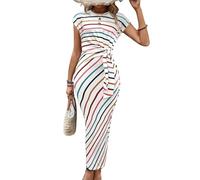 LIUYUYOUGO Womens Casual Midi Dress Striped Crew Neck Ruched Bodycon Dresses Sexy Cap Sleeve Tight T-Shirt Long Pencil Skirt Elegant Tie Waist Sundress Print Maxi Frock Colorful M