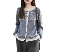 LIUYUYOUGO Women's Crew Neck 100% Merino Wool Cardigans Long Sleeve Knitted Fair Isle Jumpers Fairisle Nordic Aztec Jacquard Knitwear Autumn Thick Warm Buttoned Sweater Coat Gray M