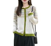 LIUYUYOUGO Women's Crew Neck 100% Merino Wool Cardigans Long Sleeve Knitted Fair Isle Jumpers Fairisle Nordic Aztec Jacquard Knitwear Autumn Thick Warm Buttoned Sweater Coat Beige M