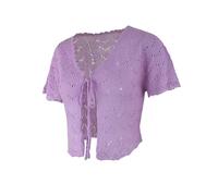 LIUYUYOUGO Womens Crochet Knitted Short Sleeve Shrug Cardigan Bolero Top V-Neck Tie Front Knit Shirts Lightweight Sweater Crochet Cropped Tops Casual Hollow Beach Coverup Lilac L