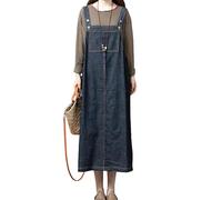 LIUYUYOUGO Women's Denim Pinafore Dress Long Splicing Pocket Denim Overall Dress Distressed Washed Jean Dresses Dungaree Summer Casual Loose Sleeveless Tank Dresses Midi Skirt Black S