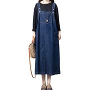 LIUYUYOUGO Women's Denim Pinafore Dress Long Splicing Pocket Denim Overall Dress Distressed Washed Jean Dresses Dungaree Summer Casual Loose Sleeveless Tank Dresses Midi Skirt Blue M