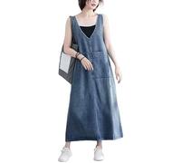 LIUYUYOUGO Women's Denim Pinafore Dress Plus Size Sleeveless V-Neck Tank Dress Casual Loose A-Line Maxi Dress Blue Vintage Wash Faded Overall Jean Dress with Pocket L
