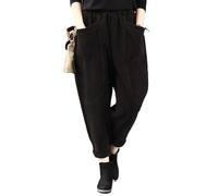 LIUYUYOUGO Women's Elastic Waist Corduroy Trouser Vintage Splicing Pockets Tapered Trousers Ladies Hippie Baggy Harem Trousers Winter Casual Loose Comfy Wide Leg Pants Black M