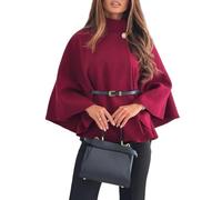 LIUYUYOUGO Women'S Elegant Poncho Wool Blend Short Cape Coat Fashion Stand Collar Shawls Cloak 3/4 Batwing Sleeve Winter Woolen Peacoat Jacket Trench Outwear With Belt Burgundy Red S