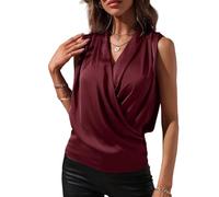 LIUYUYOUGO Women's Elegant Satin Wrap V Neck Sleeveless Tank Blouse Sexy Ruched Silk Summer T-Shirt Tunic Tops Dressy Business Cami Tee Top Evening Party Shirts Vest
