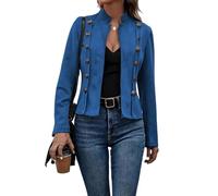LIUYUYOUGO Women's Faux Suede Jacket Vintage Slim Fit Double Breasted Cropped Jackets Trendy Stand Collar Long Sleeve Motorcycle Biker Coat Autumn Winter Crop Cardigan Outwear Royal Blue S