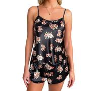 LIUYUYOUGO Women'S Floral Print Satin Pyjama Set Sexy Cami Tops And Shorts Set Nightwear Vintage Black Flower 2 Piece Satin Silk Summer Pj Sets Sleepwear Lounge Wear Xs