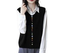 LIUYUYOUGO Women's Knitted Sleeveless Cardigan Crew Neck Jumpers Chic Colorful Buttons Up Knitted Vest Trendy Open Front Cardigan Sweater Knit Waistcoat Top for Ladies