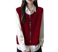 LIUYUYOUGO Women's Knitted Sleeveless Cardigan Crew Neck Jumpers Chic Colorful Buttons Up Knitted Vest Trendy Open Front Cardigan Sweater Knit Waistcoat Top for Ladies Burgundy Red M