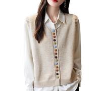 LIUYUYOUGO Women's Knitted Sleeveless Cardigan Crew Neck Jumpers Chic Colorful Buttons Up Knitted Vest Trendy Open Front Cardigan Sweater Knit Waistcoat Top for Ladies Beige M