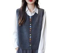 LIUYUYOUGO Women's Knitted Sleeveless Cardigan Crew Neck Jumpers Chic Colorful Buttons Up Knitted Vest Trendy Open Front Cardigan Sweater Knit Waistcoat Top for Ladies Grey S