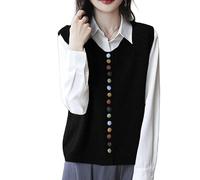 LIUYUYOUGO Women's Knitted Sleeveless Cardigan Crew Neck Jumpers Chic Colorful Buttons Up Knitted Vest Trendy Open Front Cardigan Sweater Knit Waistcoat Top for Ladies Black M