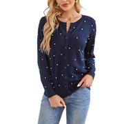 LIUYUYOUGO Women's Lightweight Crewneck Cardigan Jumper Faux Pearl Embellished Knitted Cardigan Long Sleeve Button Ladies Sweater Coat Elegant Autumn Knitted Tops Jacket Navy Blue XL