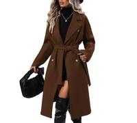 LIUYUYOUGO Women'S Long Double Breasted Wool Blend Trench Coat Classic Notched Collar Overcoat Elegant Slim Fit Belted Long Jackets Outerwear Fall Winter Warm Pea Coats Dark Brown L