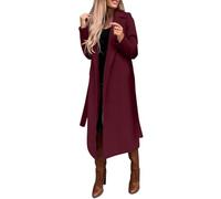 LIUYUYOUGO Womens Long Wool Coats Fall Winter Open Front Trench Coat Peacoat With Belt Classic Notched Collar Wool Blend Overcoat Jackets Fashion Slim Mid-Length Outerwear Burgundy Red M