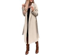 LIUYUYOUGO Womens Long Wool Pea Coats Notched Collar Open Front Trench Coat With Self Belt Elegant Solid Color Woolen Blend Overcoat Long Winter Jackets Warm Windproof Outerwear Apricot S