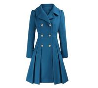 LIUYUYOUGO Women'S Long Wool Trench Coat Winter Warm Notch Lapel Double Breasted Duffle A-Line Peacoat Vintage Wool Blend Swing Dress Coats Elegant Midi Long Outwear Overcoa Lake Blue Xl