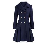 LIUYUYOUGO Women'S Long Wool Trench Coat Winter Warm Notch Lapel Double Breasted Duffle A-Line Peacoat Vintage Wool Blend Swing Dress Coats Elegant Midi Long Outwear Overcoa Navy Blue S