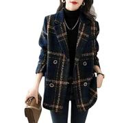 LIUYUYOUGO Women'S Notched Lapel Double Breasted Winter Plaids Coat Fashion Navy Blue Checked Wool Blend Coats Casual Smart Blazer Suit Jackets Fall Long Sleeve Peacoat Outwear Xl