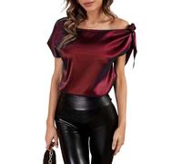 LIUYUYOUGO Womens Off Shoulder Tops Tie Knot Silk Satin Blouses Elegant Short Sleeve Blouse Asymmetrical Neck Summer Tunic Top Casual Formal Shirts for Party Evening Burgundy Red M