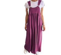 LIUYUYOUGO Women's Pinafore Dresses Plus Size Sleevless Linen Summer Dress Wide Straps Dungarees Overall Long Skirt Casual Loose A-Line Swing Kaftan Boho Ruched Maxi Frock Rose Red L