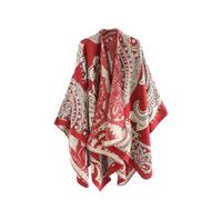 LIUYUYOUGO Womens Printed Poncho Cape Oversized Shawl Wrap Elegant Soft Faux Cashmere Knitted Cape Bohemia Floral Open Front Cardigan Sweater Autumn Winter Warm Scarf Coat Red